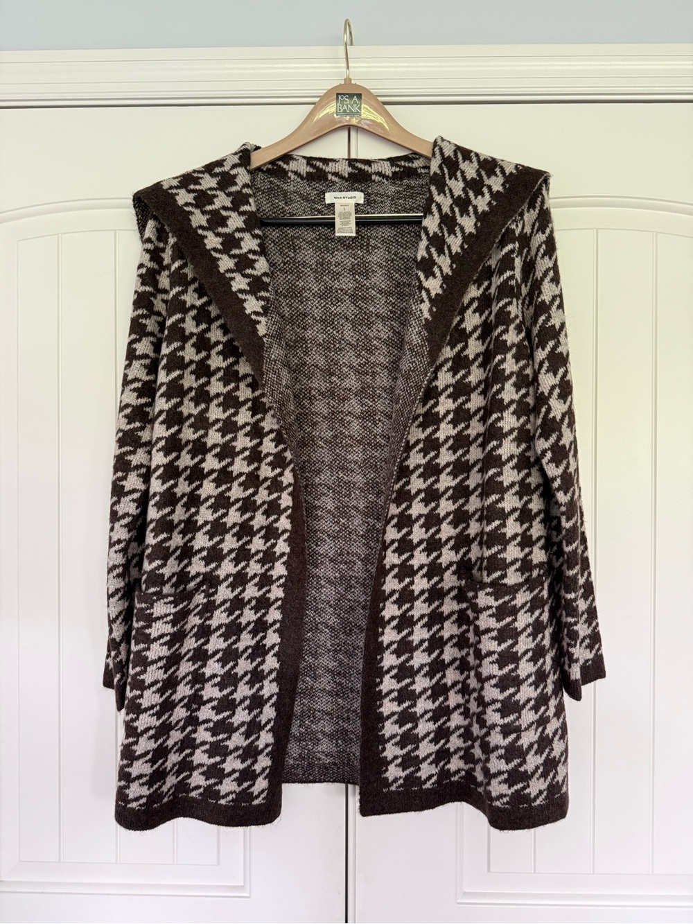 Max Studio Brown & Cream Houndstooth Hooded Open Cardigan